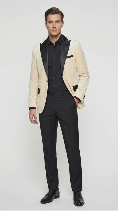 Men’s Ivory Dinner Jacket - Cream Velvet Blazer with Black Satin Lapel | Wedding and Party Formal Sport Coat in off white