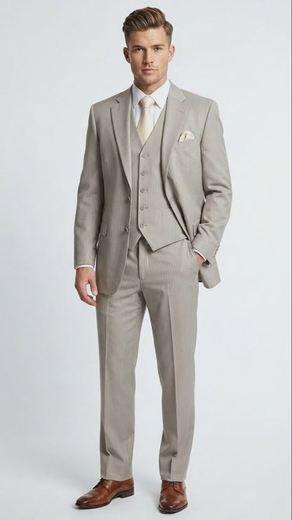 Men’s Light Tan Pinstripe 3 Piece Suit with Jacket, Vest, and Pants | Shadow Stripe Tone Tone Pleated Pants Classic