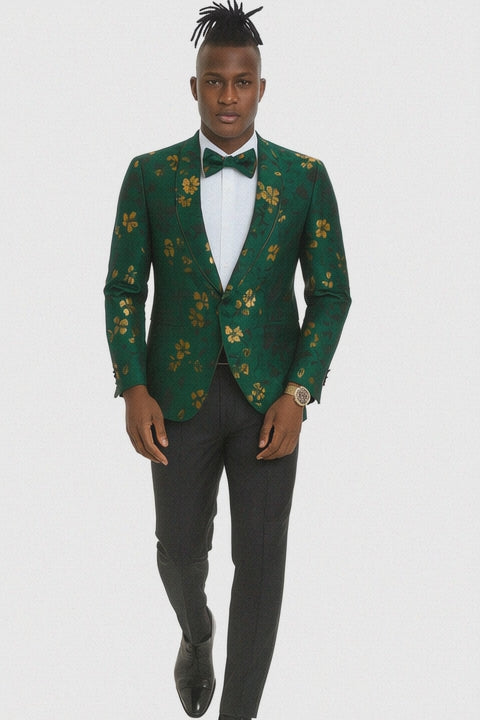 Men's slim fit hunter green and gold paisley prom and wedding tuxedo jacket