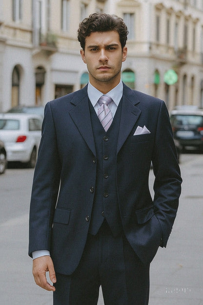 Mens 3 Button Vested Basic Wool Feel Suit in Navy