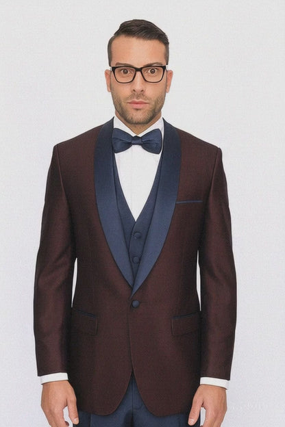 Burgundy ~ Plum And Dark Navy Blue Lapel Burgundy Suit Tuxedo Vested 3 Piece Suit Wedding / Prom / Party Suit