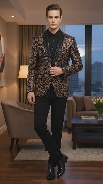 Men’s Black Shiny Designer Blazer with Red and Gold Pattern – Luxury Party & Wedding Jacket