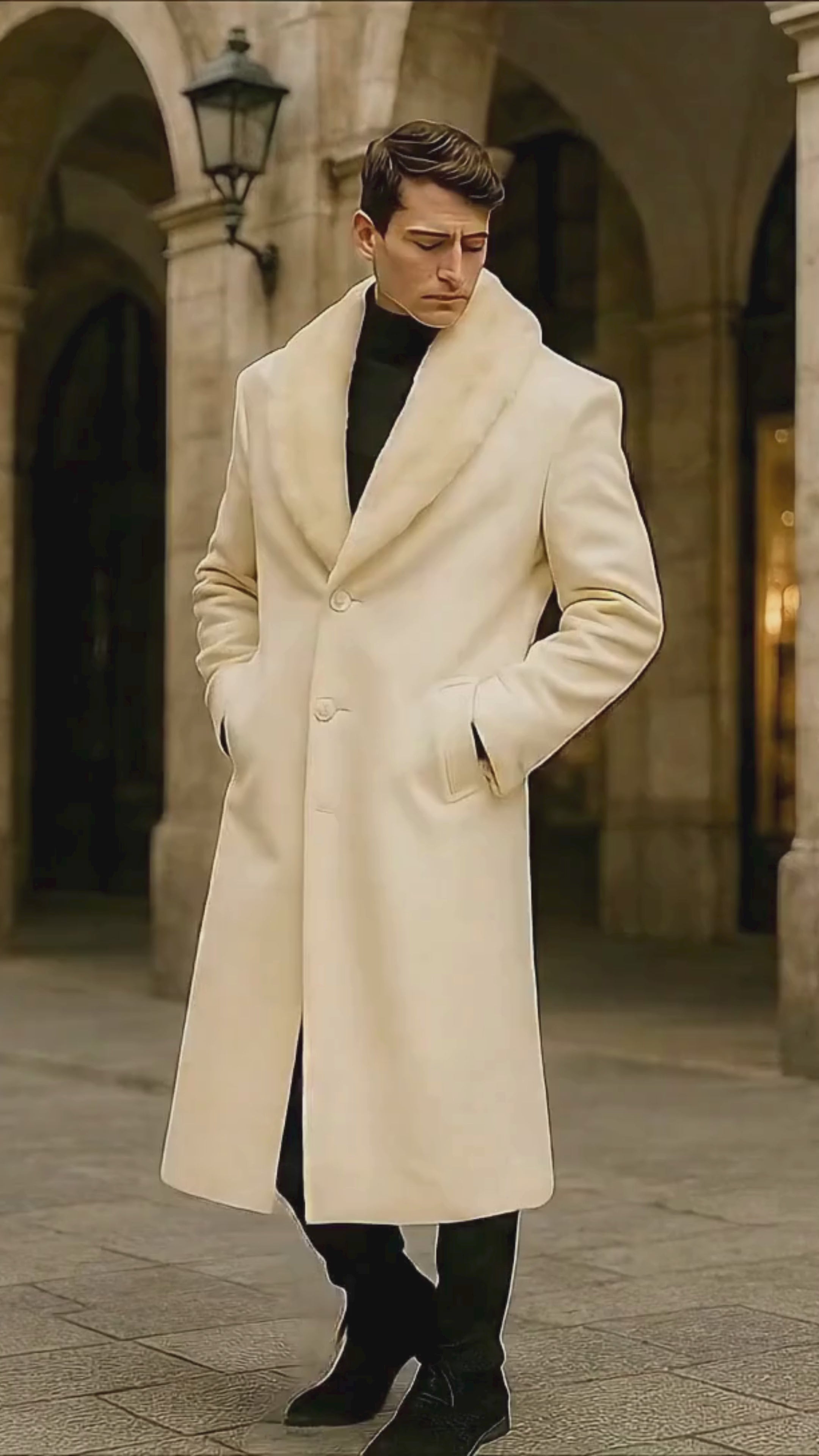 Men’s Ivory Full-Length Overcoat with Luxurious Faux Fur Shawl Collar – Winter Dress Coat