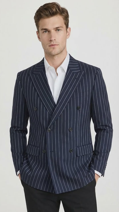 Mens Navy Blue Pinstripe Double Breasted Blazer Sport Coat – Classic Formal Business Jacket for Party and Smart Casual Wear