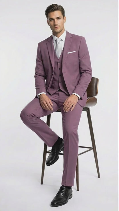 Men’s Mauve Three-Piece Suit – Slim Fit Formal Blazer, Vest, and Trousers for Weddings Rose Gold Pinkish Color
