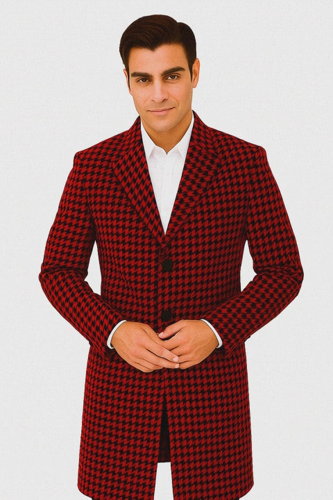 Houndstooth Overcoat - Houndstooth Topcoat - Houndstooth Checker Car Coat Red