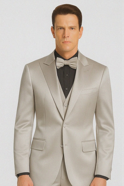 Silver Satin Double Breasted Peak Lapel 3 Piece Skinny Fit Tazzio Men's Suit with Matching Bowtie