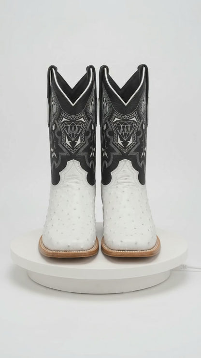 Mens White Diamond Boot White Boots Ostrich Print Square Toe