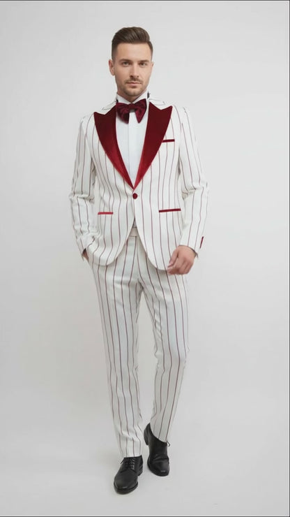 Men’s White and Dark Red Pinstripe Tuxedo with Velvet Shawl Lapel – Formal Dinner Blazer Prom Christmas New Year Holiday Suit