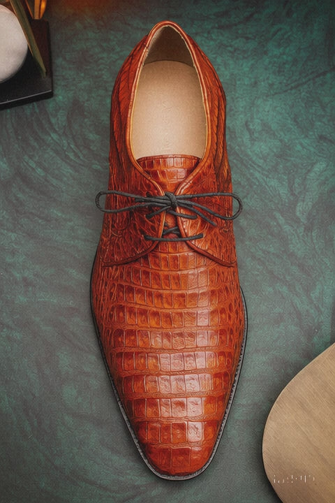 Marco Milano Exotic Caiman Shoes Cognac Gator Derby Lacio