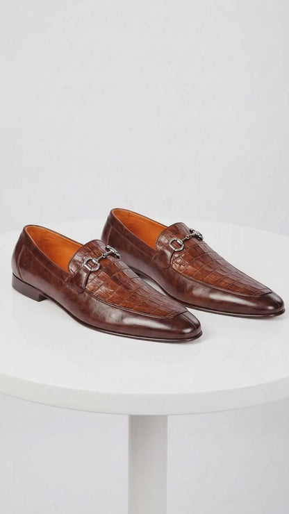 Lombardy Men’s Crocodile & Calfskin Bit Loafers – Brown Almond Toe Exotic Dress Shoes