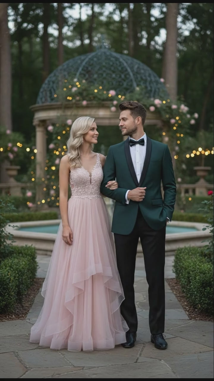 Men’s Green Tuxedo Suit – Slim Fit Jacket with Black Satin Shawl Lapel and Black Pants in Hunter Green