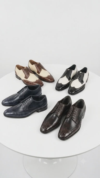 Lombardy Men’s Caiman Belly and Calfskin Wingtip Shoes, Exotic Lace-Up Dress Shoes