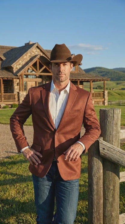 Mens Rust Light Brown Shiny Western Blazer – Cowboy Style Formal Sport Coat Jacket in Copper Color Slim Fitted
