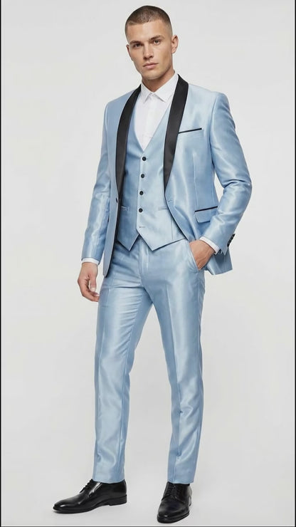 Men’s Light Blue Shiny 3 Piece Suit with Black Shawl Lapel | Formal Wedding Prom Suit - Sateen Sharskin Suit