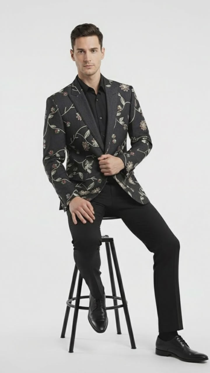 Luxury Black Floral Embroidered Blazer for Men – Designer Party and Wedding Wear Jacket