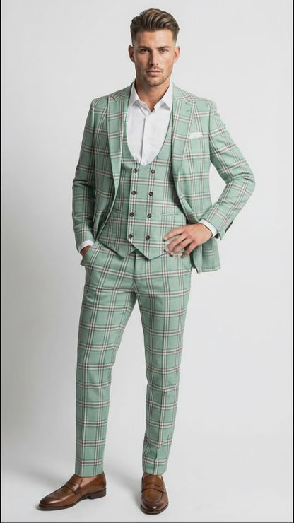 Mint Green Plaid Three Piece Suit for Men | Classic Checkered Formal Suit with Jacket Vest and Pants By Rossiman