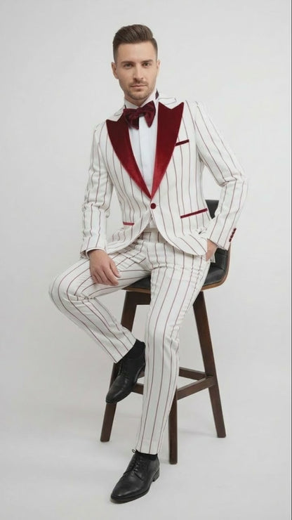 Men’s White and Dark Red Pinstripe Tuxedo with Velvet Shawl Lapel – Formal Dinner Blazer Prom Christmas New Year Holiday Suit
