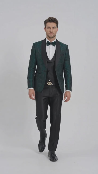 Tazzio Men’s Hunter Green & Black Paisley Tuxedo – Skinny Fit Shawl Collar 3-Piece Prom and Wedding Suit