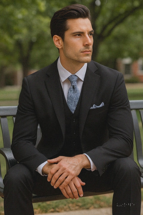 Mens Classic 3 Button Vested Dress Suit in Black