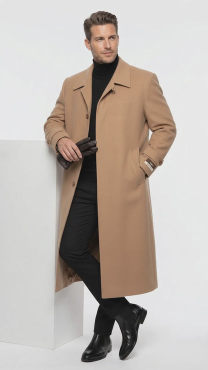 Men’s Camel Full Length All Weather Coat, 4 Button Duster Maxi Dress Coat