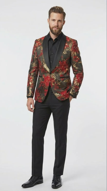 Men’s Red and Gold Floral Pattern Paisley  Shawl Lapel | Luxury Evening and Party Wear Jacket Prom Christmas New Year Blazer