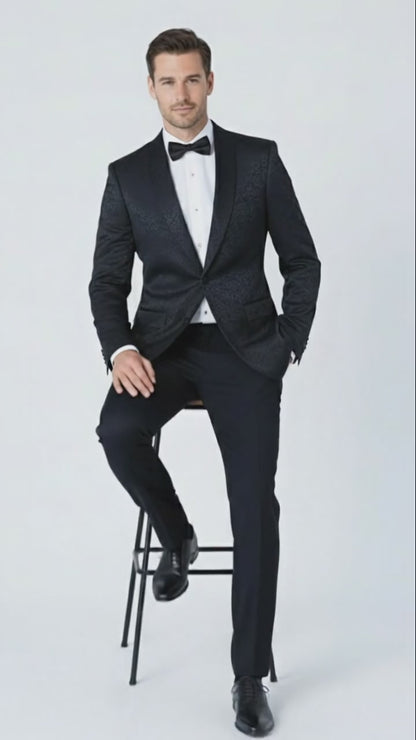 Men’s Black Textured Paisley floral Tuxedo Suit – Premium Slim Fit Formal Wedding, Prom, with Bowtie