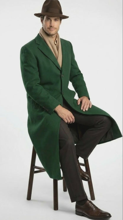 Men’s Hunter Green Full-Length Wool Overcoat 