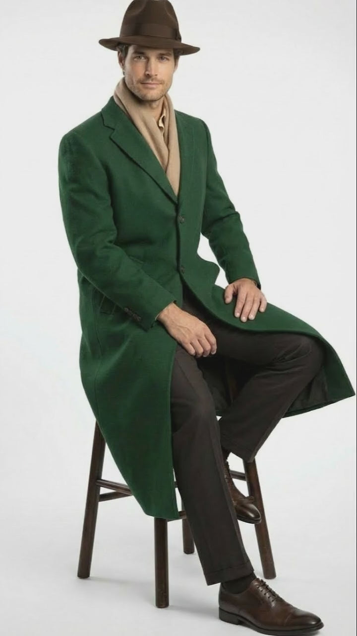 Men’s Hunter Green Full-Length Wool Overcoat 