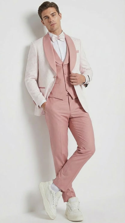 Men’s Cream and Rose Pink Prom Suit – Cream Tuxedo Jacket with Rose Pink Pants and Shawl Lapel Formal Suit for Prom and Wedding