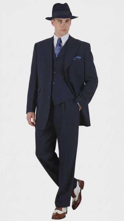 Men’s 1920s Navy Blue Zoot Suit with Fedora Hat and Wingtip Shoes – Classic Gangster 3-Piece Long  - Classic Fit Pleated Pants