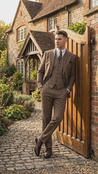 Men’s Light Brown Great Gatsby Inspired Tweed Herringbone Vested Suit, Vintage Formal Wedding Suit