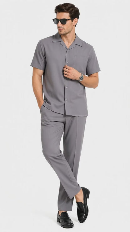 Men’s Solid Grey Short Sleeve Walking Suit with Matching Pants, Casual Summer Dress Outfit