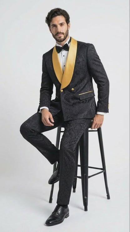 Men’s Black and Gold Jacquard Tuxedo Suit – Luxury Slim Fit Formal Wedding, Prom, and Gala Outfit