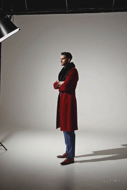 Burgundy Overcoat ~ Long men's Dress Topcoat - Winter coat With Fur Collar And Wool Fabric