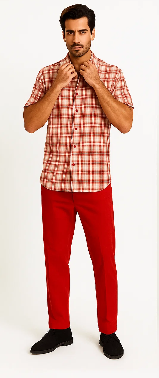 Mens Textured Plaid Walking Suit in Red/Off White by Dreams by Zacchi – 2 Piece Leisure Outfit with Matching Shirt and Pants - $99