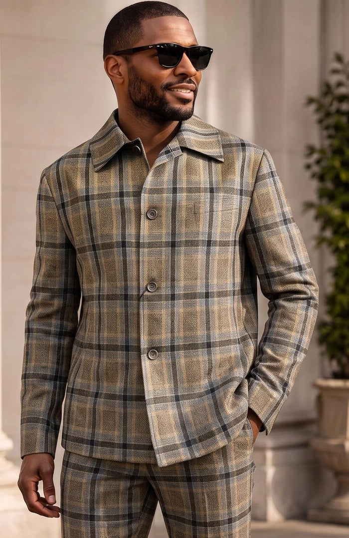 Pronti Leisure Jacket Suit 2 Piece Tan Windowpane BP6791