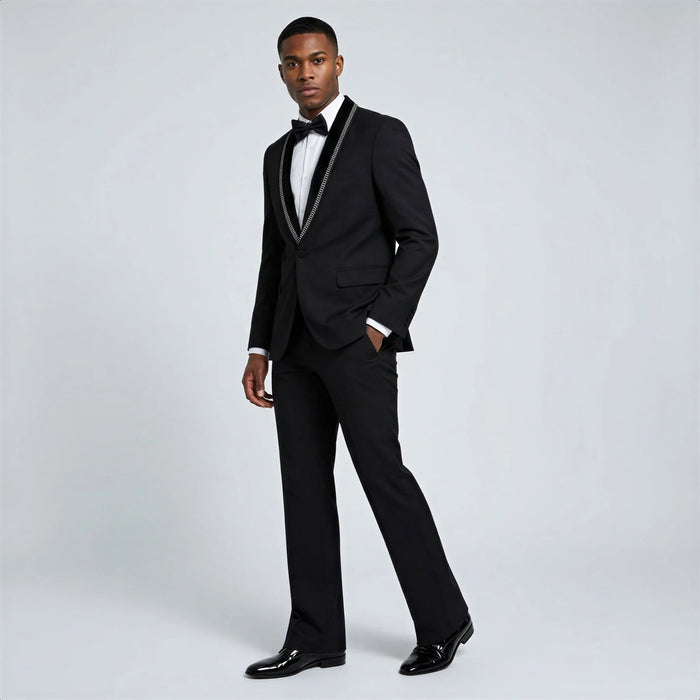 Bootcut wedding suit Black Shawl Lapel Bootcut Tuxedo with Stone Trim – Prom and Wedding
