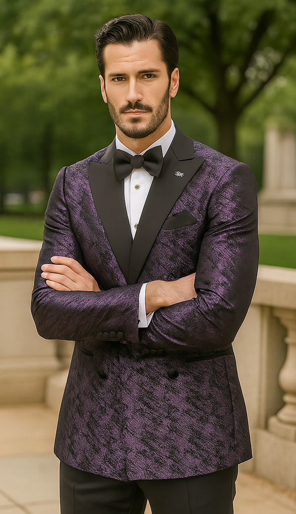 Purple Double Breasted Rough Streak Pattern Satin Peak Lapel Stacy Adams Men's Jacket 3   - from alligatorwarehouse.com