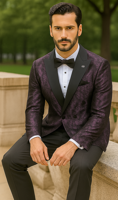 Purple Double Breasted Rough Streak Pattern Satin Peak Lapel Stacy Adams Men's Jacket 4   - from alligatorwarehouse.com