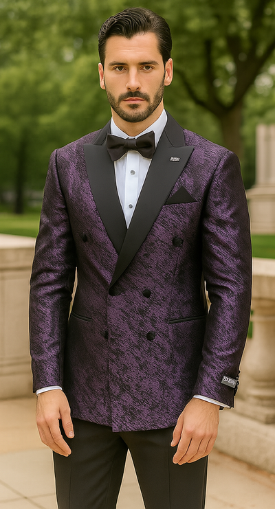 Purple Double Breasted Rough Streak Pattern Satin Peak Lapel Stacy Adams Men's Jacket 1   - from alligatorwarehouse.com
