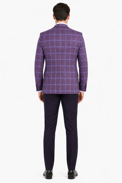 Mens 2 Button Suit with Low Cut Vest in Eggplant | Purple Plaid