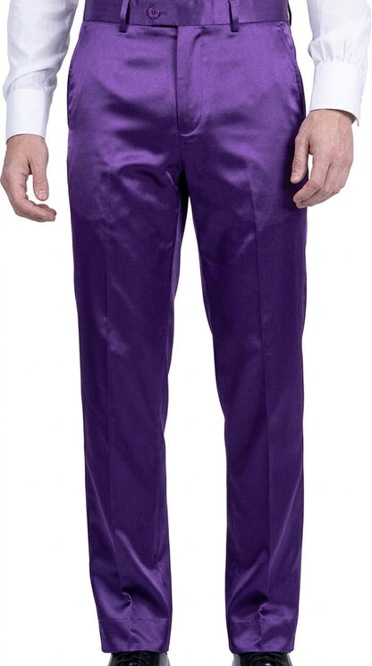 Mens Shiny Stretch Pants Solid Color Slim Fit Sateen Flashy Metallic Slacks in Color "Purple"