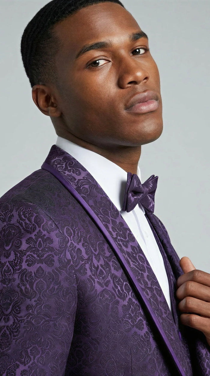 Men's Purple Floral Shawl Lapel Tuxedo Set with Satin Trim for Wedding & Prom