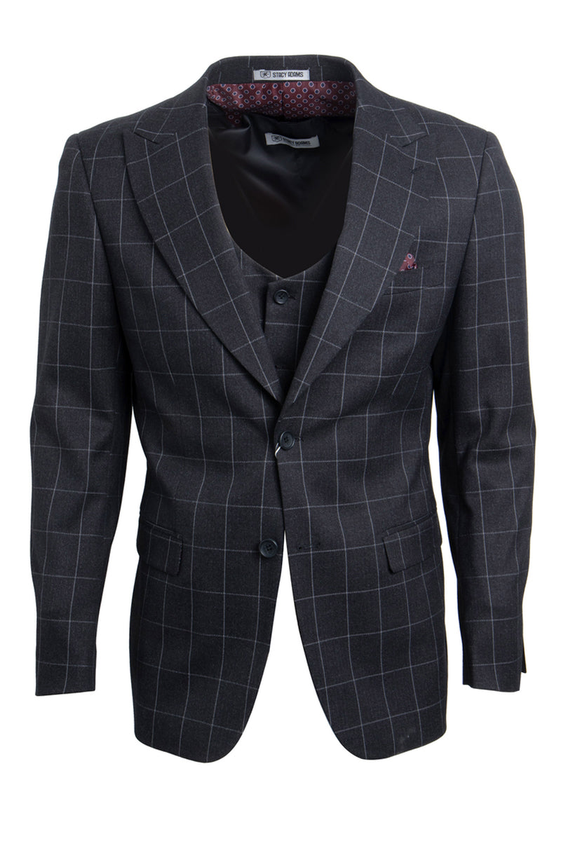 "Mens Stacy Adams Suit - Stacy Adams Suit Men's Charcoal Grey Windowpane Plaid Suit - Two Button Vested Peak Lapel"