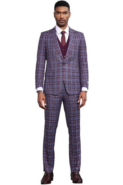 Men's Stacy Adams Bold Windowpane Plaid Print Vested Suit in Lavender & Purple 2 SM177H1-25-38R  - from alligatorwarehouse.com