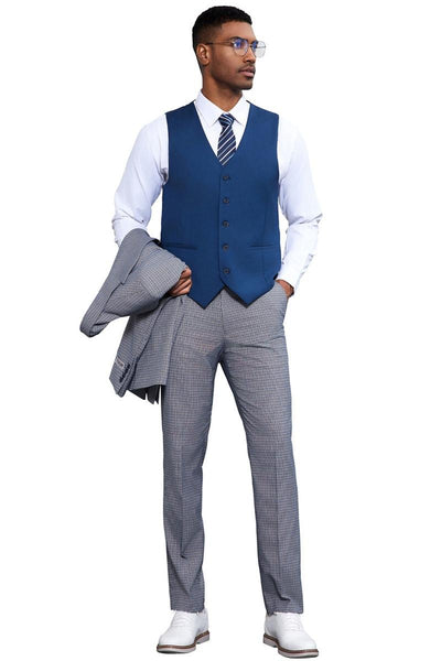 Men's Stacy Adams One Button Peak Lapel Vested Micro Check in Light Blue with a French Blue Vest 3 SM183H1-02-38R  - from alligatorwarehouse.com