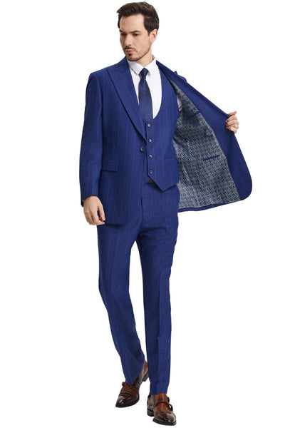 Men's Stacy Adams Peak Lapel Blue Windowpane Plaid Suit with a Scoop Neck Vest 3 SM172H1-20-38R  - from alligatorwarehouse.com