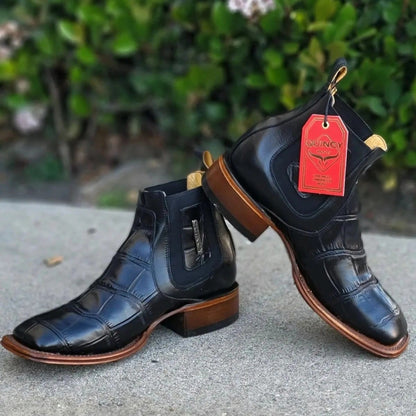 Men's Caiman Belly Print Leather Square Toe Ankle Boots