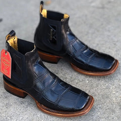 Men's Caiman Belly Print Leather Square Toe Ankle Boots
